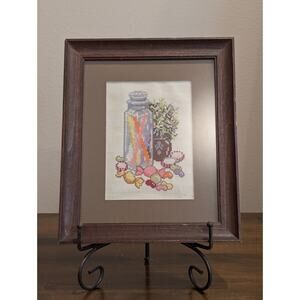 Vintage Framed Matted Candy Jar Cross Stitch Needlepoint Kitchy Colorful 9"x 11"